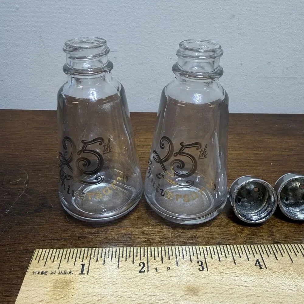 Vintage Lotus 25th Anniversary Salt And  Pepper Shakers Clear Glass Set